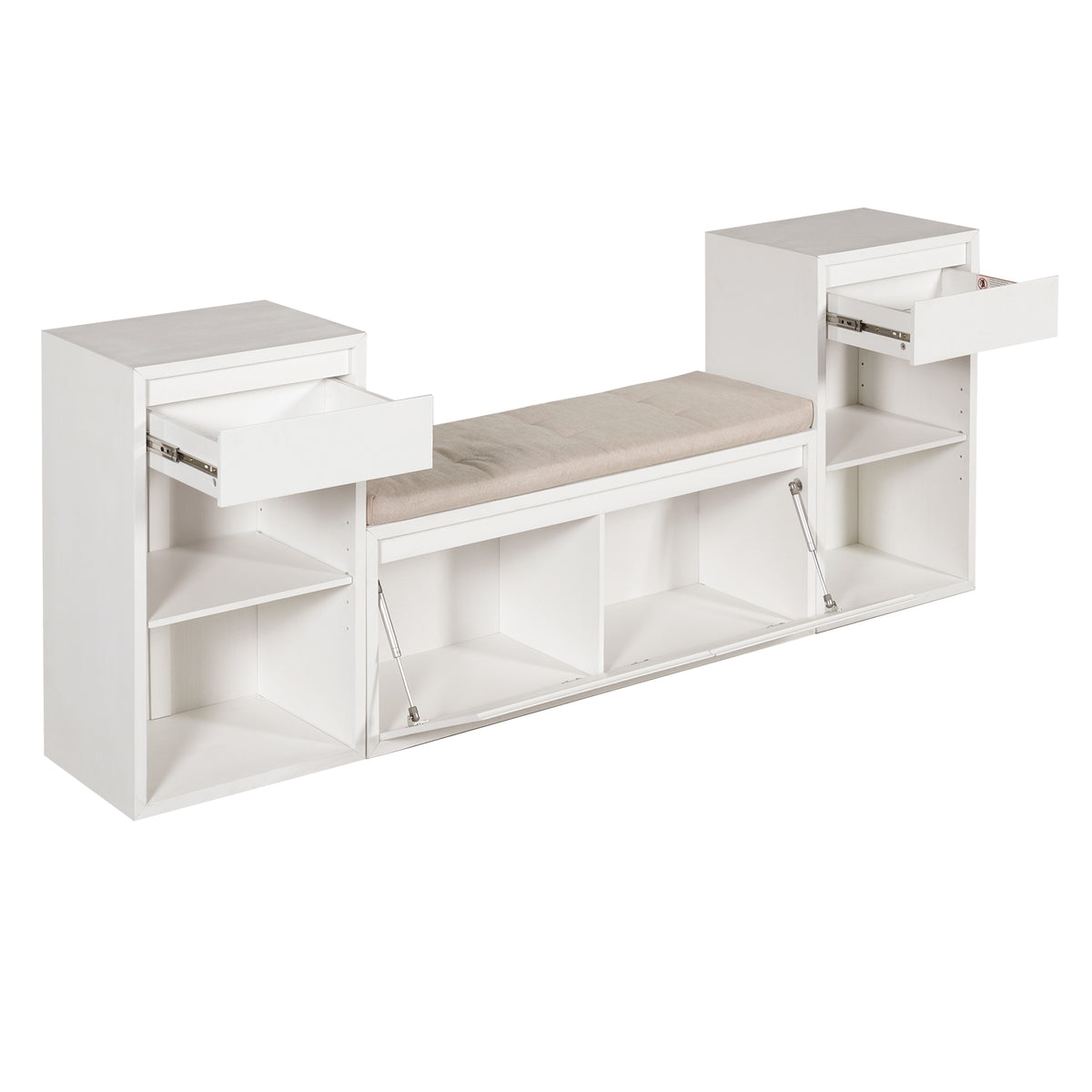 TREXM All-in-One Entryway Storage Bench with Cushion, Drawers, Compartments & Open Shelves in White Wood Finish, 77.48L x 14.02W x 31.5H inches