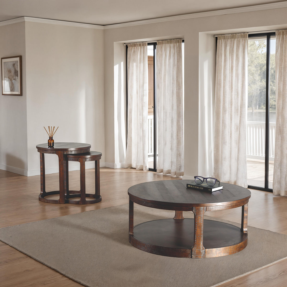 Transitional 2pc Set 1x Coffee Table 1x End Table Lower Shelf Built In Display Shelf Espresso Finish Caster Coffee Table Living Room Furniture