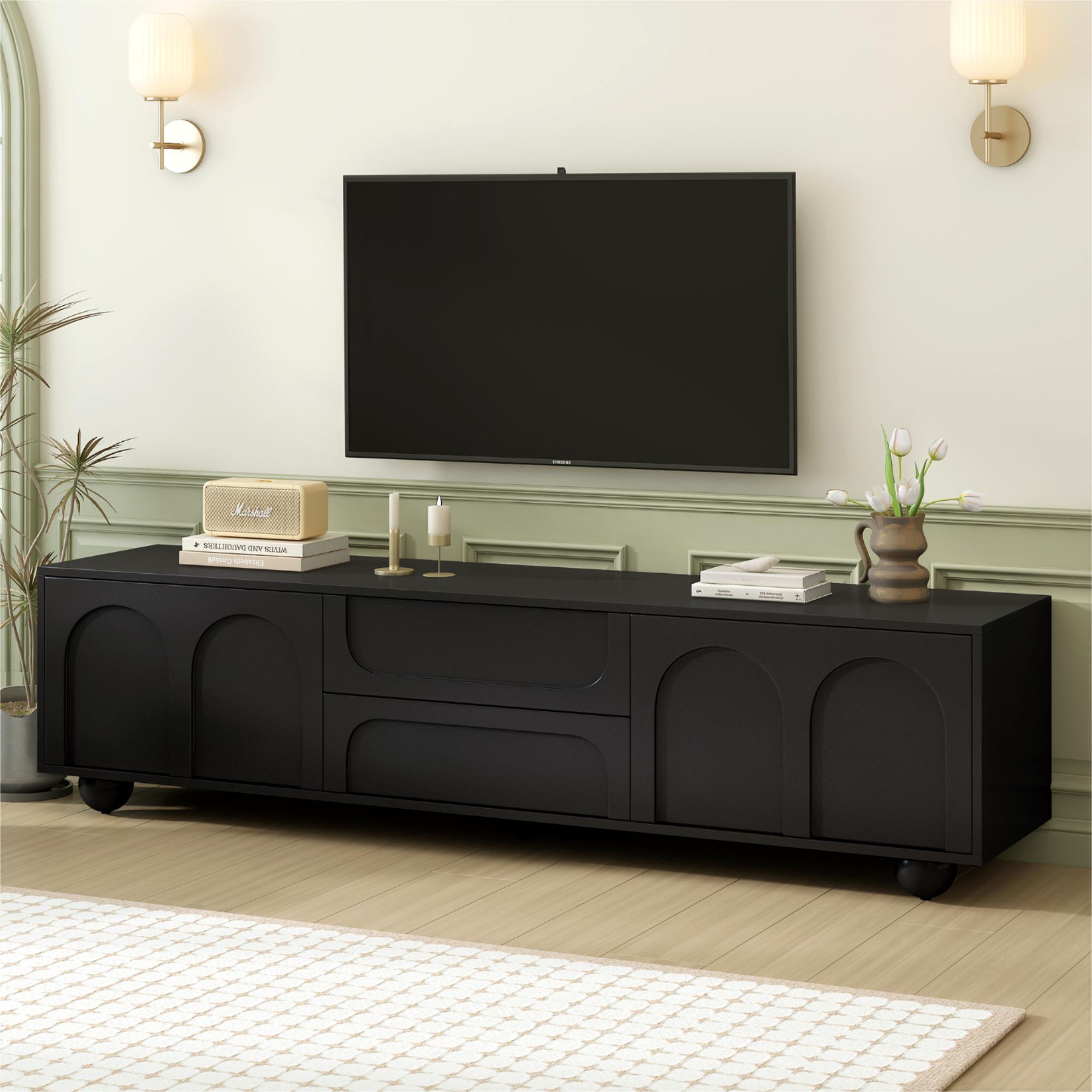 ON-TREND Cream Style TV Stand with Arched Doors & 2 Drawers for TVs up to 75', Minimalist Media Console with Rebound Device, Entertainment Center with 5 Iron Round Legs for Living Room, Bedroom, Black