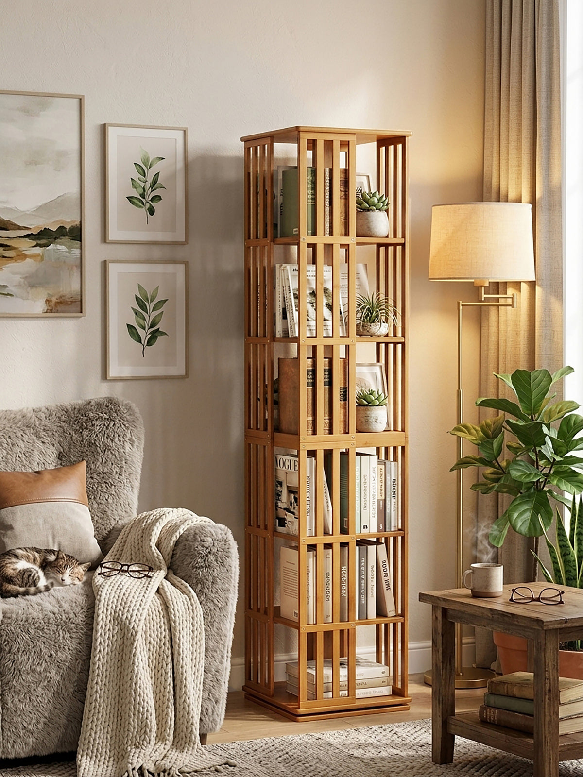 Rotating Bookshelf Tower, 360° Display Spinning Bookcase, 6 Tier Bamboo Bookshelf Floor Standing Storage Rack, Wood Narrow Book Shelf Organizer for Kids Adults (BROWN)