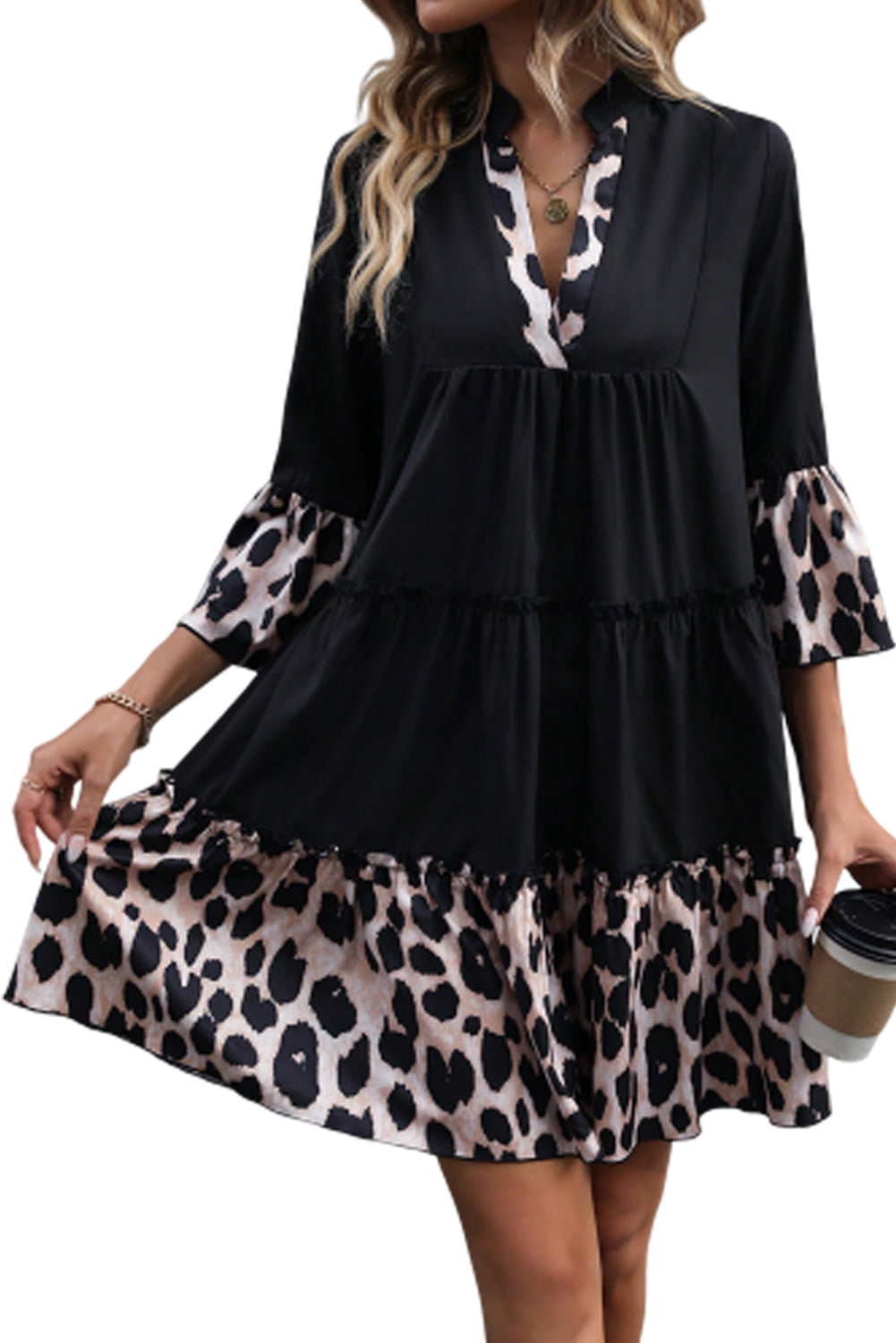 Black Leopard Trim V Neck Ruffled Sleeve Flared Dress - Eloy Royal