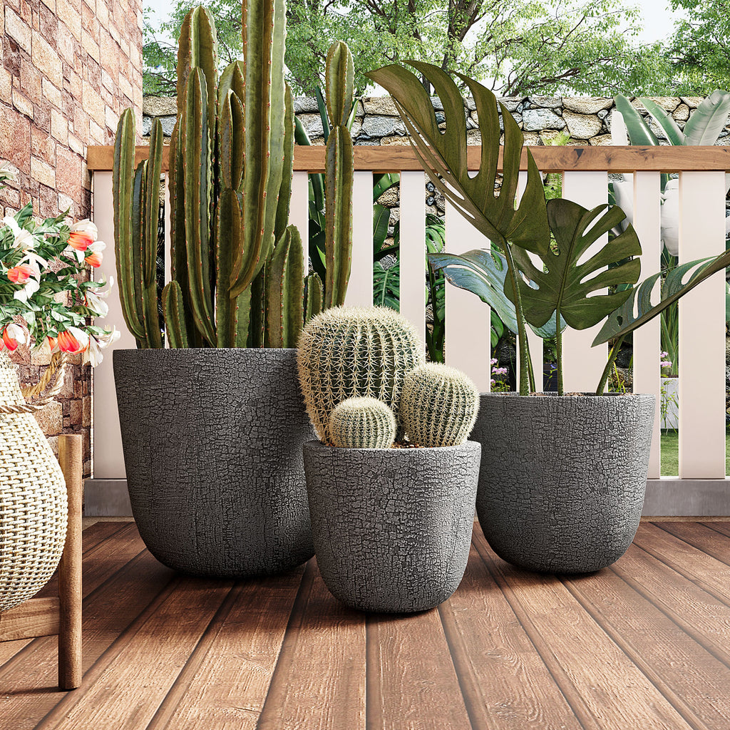 U_STYLE Lightweight MGO Planter Set of 3,16.93'+13.78'+11.02' Dia Round Concrete Stackable Flower Pots with Drainage Holes and Rubber Plug,Crackle Stone Texture for Patio Garden Balcony Indoor Outdoor