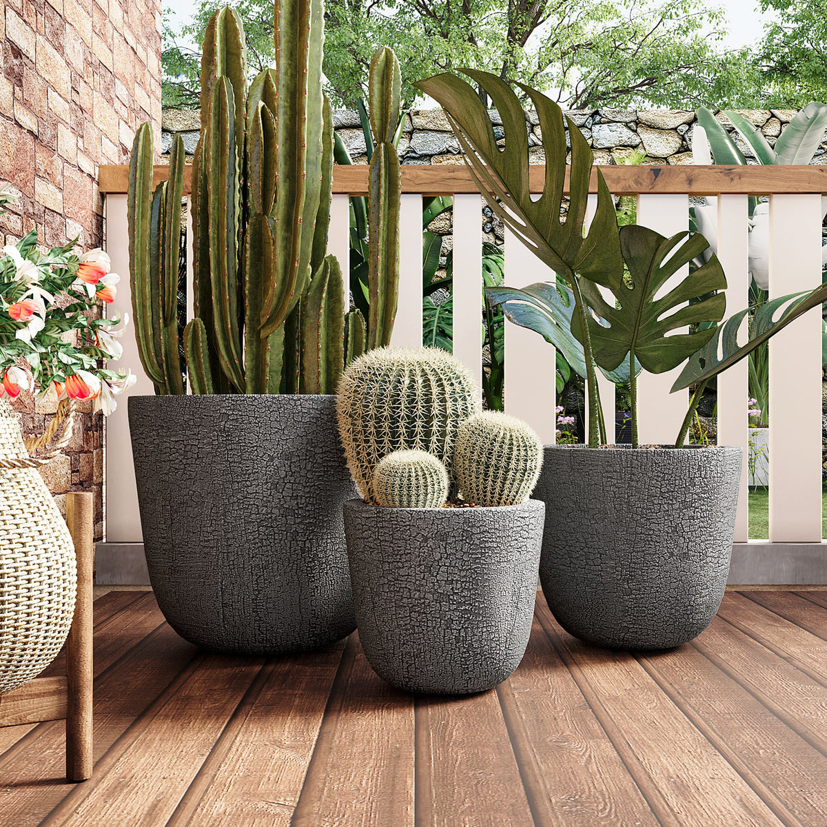 U_STYLE Lightweight MGO Planter Set of 3,16.93'+13.78'+11.02' Dia Round Concrete Stackable Flower Pots with Drainage Holes and Rubber Plug,Crackle Stone Texture for Patio Garden Balcony Indoor Outdoor