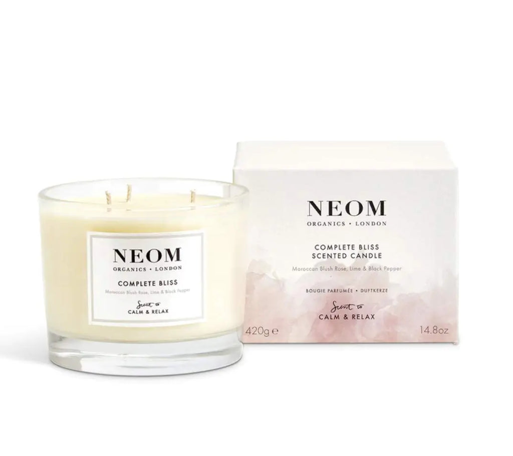 NEOM- Complete Bliss Scented Candle 3 Wick | Blush Rose Lime & Black Pepper | Essential Oil Aromatherapy Candle | Scent to De-Stress n a