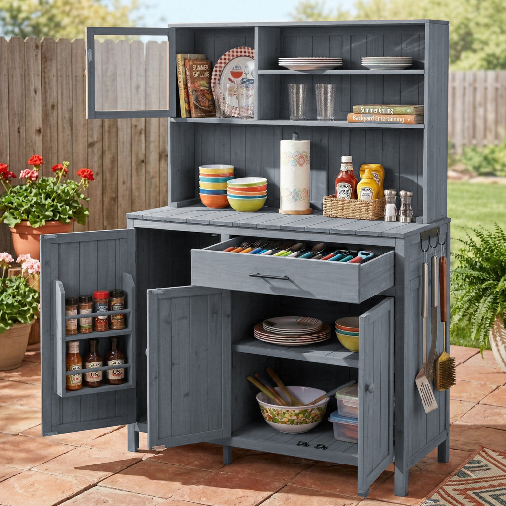 (With Assembly Video) TOPAMX Potting Bench with Hutch, 65' H Solid Fir Wood Garden Workstation, Large Countertop, Patio Kitchen Island with Adjustable Shelves, Spice Rack, Side Hook and Drawer, Gray