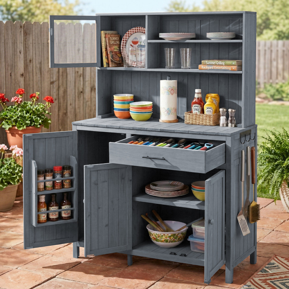 (With Assembly Video) TOPAMX Potting Bench with Hutch, 65' H Solid Fir Wood Garden Workstation, Large Countertop, Patio Kitchen Island with Adjustable Shelves, Spice Rack, Side Hook and Drawer, Gray