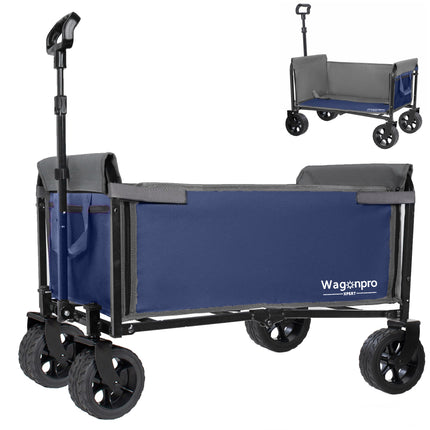 Upgraded 5*2' Wide Wheels, All-in-One Convertible Folding Trolley with Full-Side Opening & Dog Leash, Versatile Seating & Storage, 220Lbs Capacity for Camping, Beach, Shopping, Dark blue