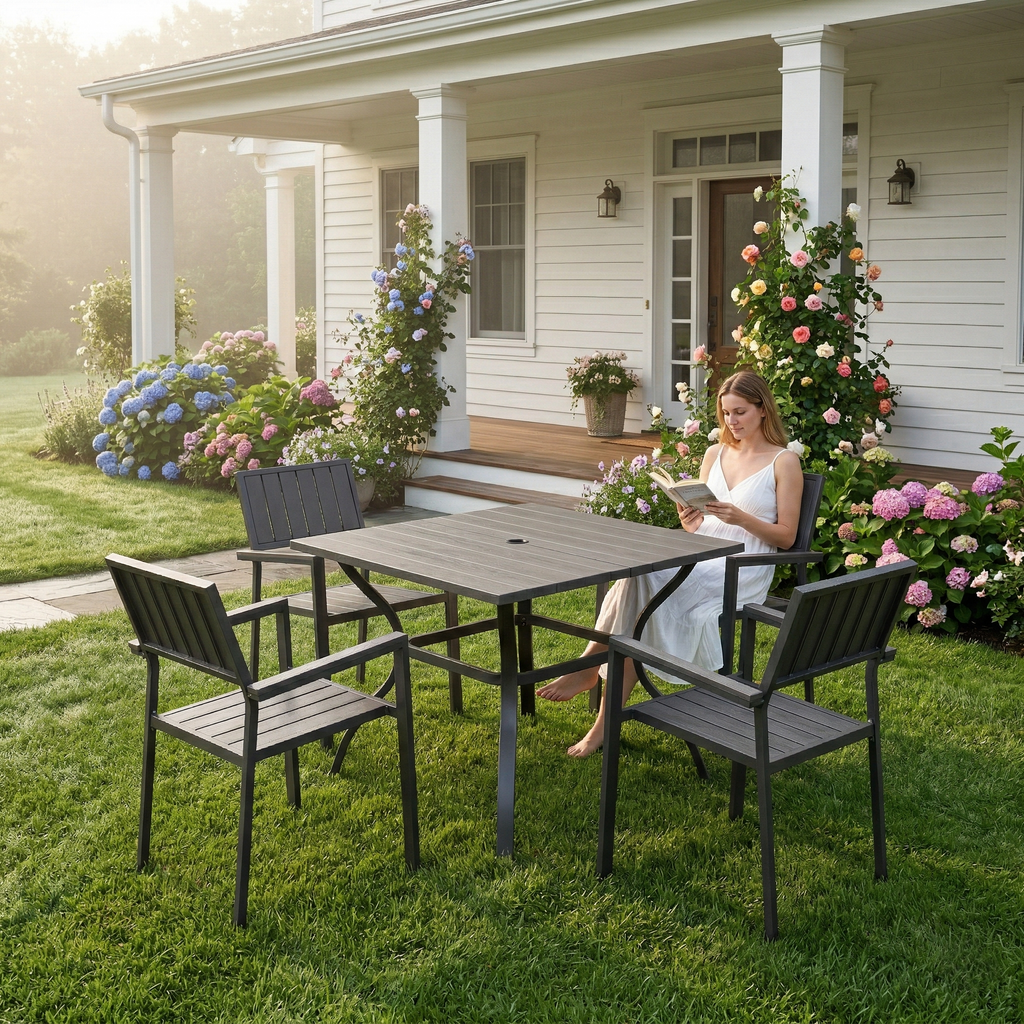 5‑Piece Outdoor Patio Dining Set, 4 Iron Chairs (350 lbs Capacity) + 37.8' Square Wood‑Grain Metal Table w/ Umbrella Hole , Rustproof, Ergonomic Slat Design, 30‑Min Quick Assembly
