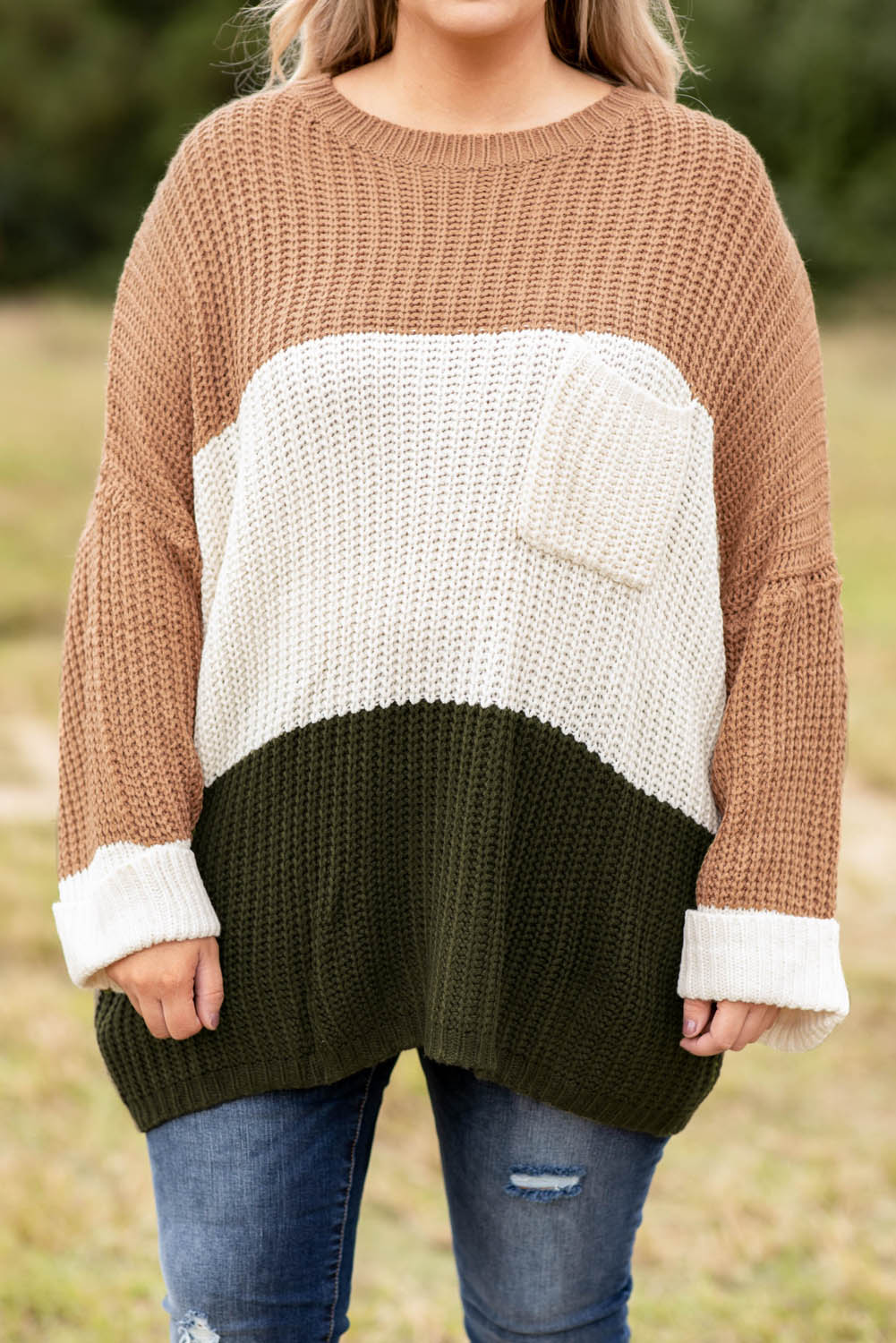 Khaki Color Block Tiered Knit Plus Size Sweater - Eloy Royal