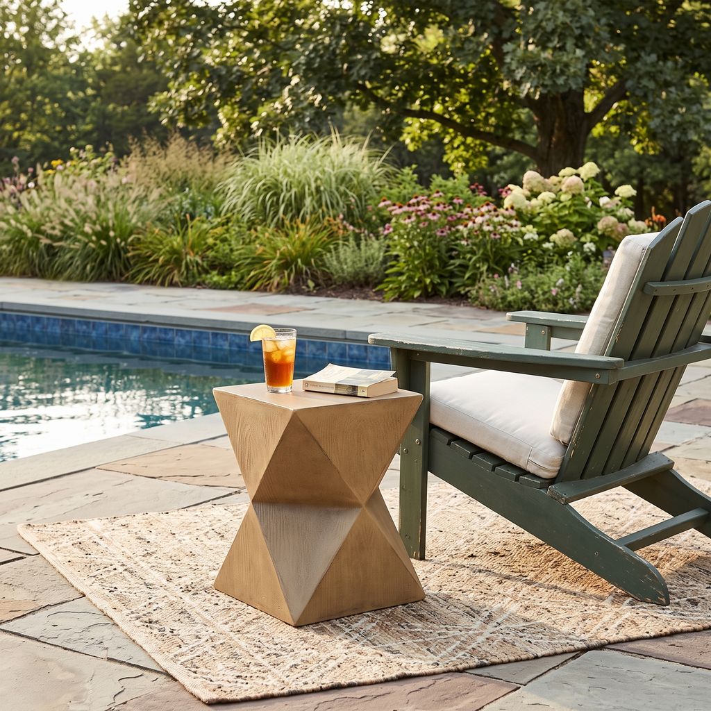 14.25' Natural Prismatic Symmetry Concrete Side Table with Smooth Wood Grain Texture and Modern Prismatic Shape – Weather-Resistant Accent for Patio, Garden, or Balcony