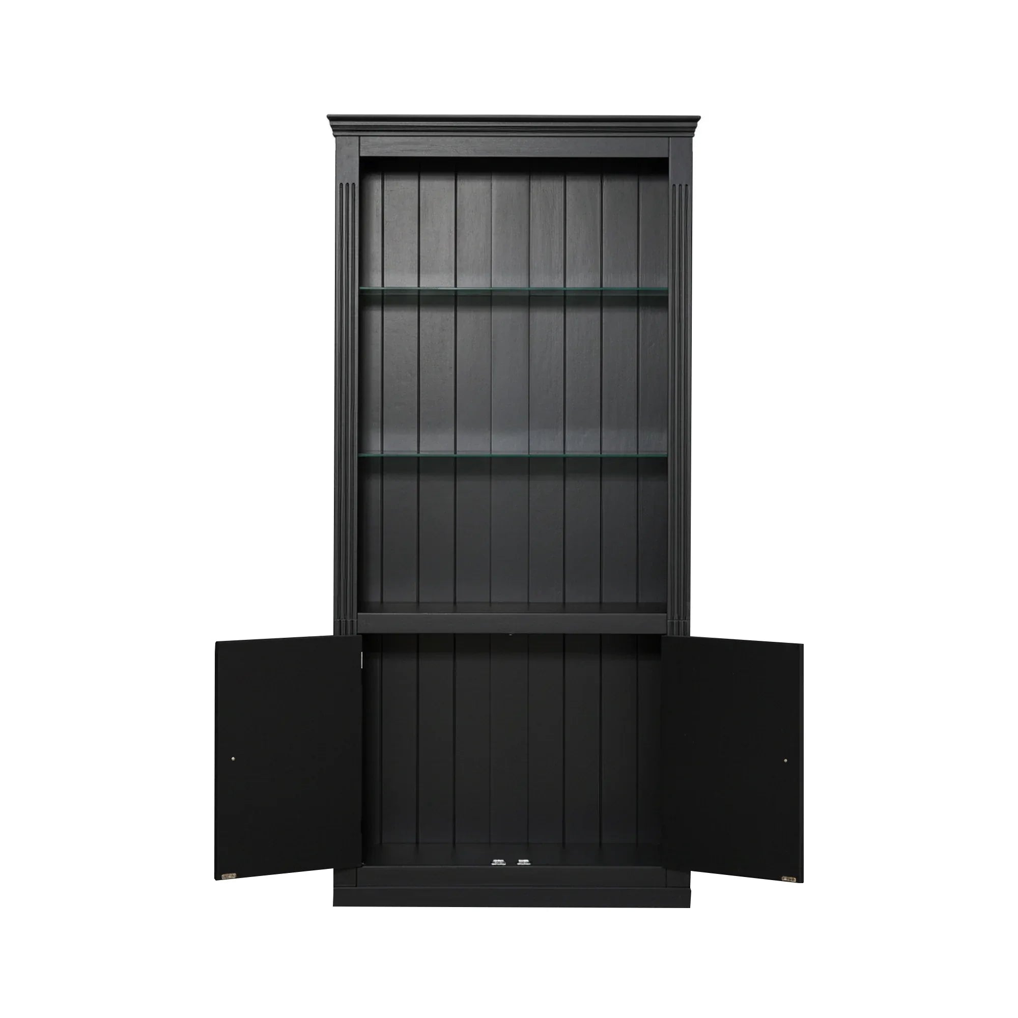 78.75''H 4-Tier Display Shelf, with 5-Colors Dimmable Ceiling Light, Freestanding Farmhouse Bookcases with Storage & Doors, Bookshelf with Adjustable Glass Shelves for Home & Office - Black - Eloy Royal