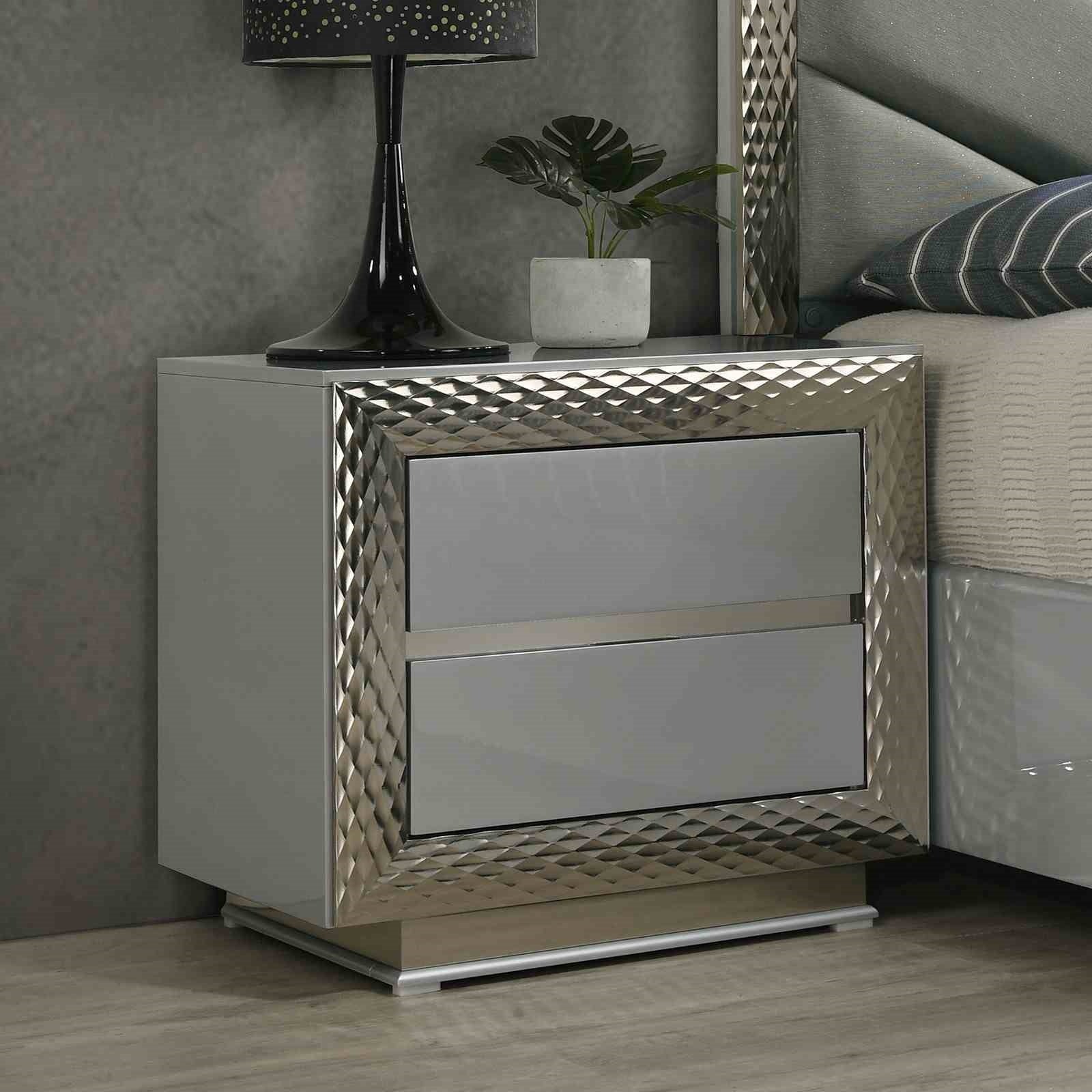 Glam Style 1pc Nightstand Plinth Base Silver Molding Felt Lined Top Drawer Gray Finish Bedroom Furniture