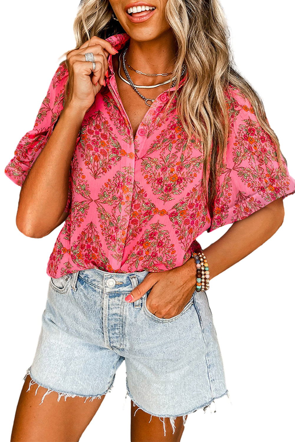 Rose Red Floral Print Short Sleeve Loose Shirt - Eloy Royal