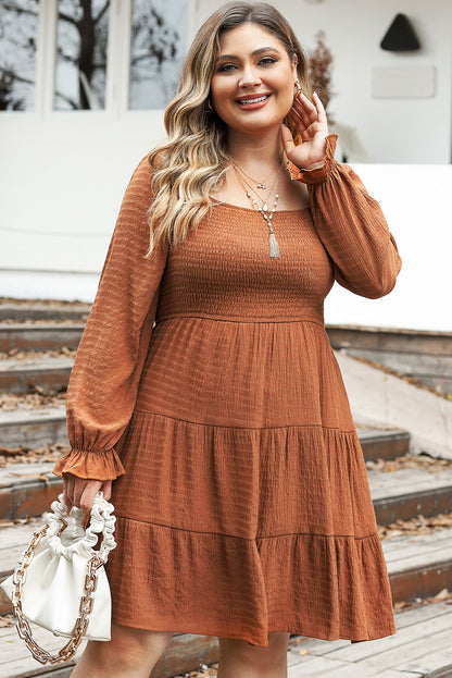 Chestnut Plus Size Smocked Ruffled Sleeve Shirred Mini Dress - Eloy Royal