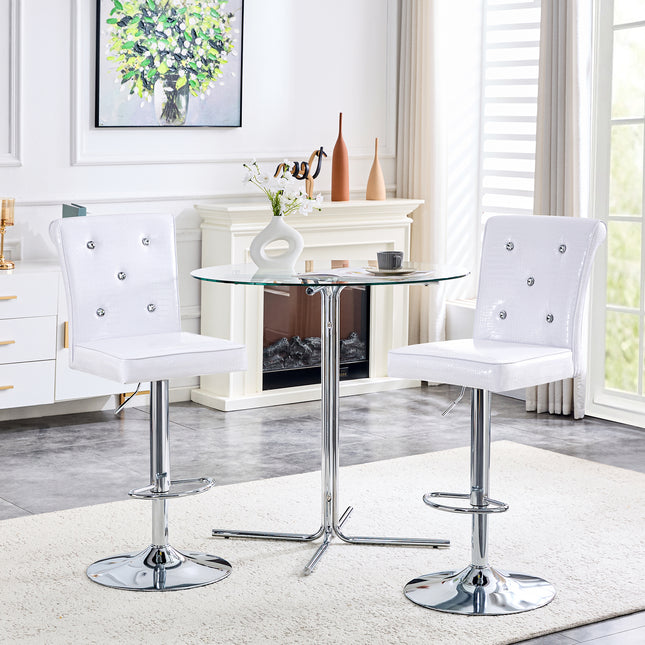Modern Bar Table and Stools Set, Round Glass Top Pub Table with Silver Chrome Base & 2 White Crocodile Embossed PU Leather Bar Stools with Adjustable Height & Swivel, Home Bar Bistro Set