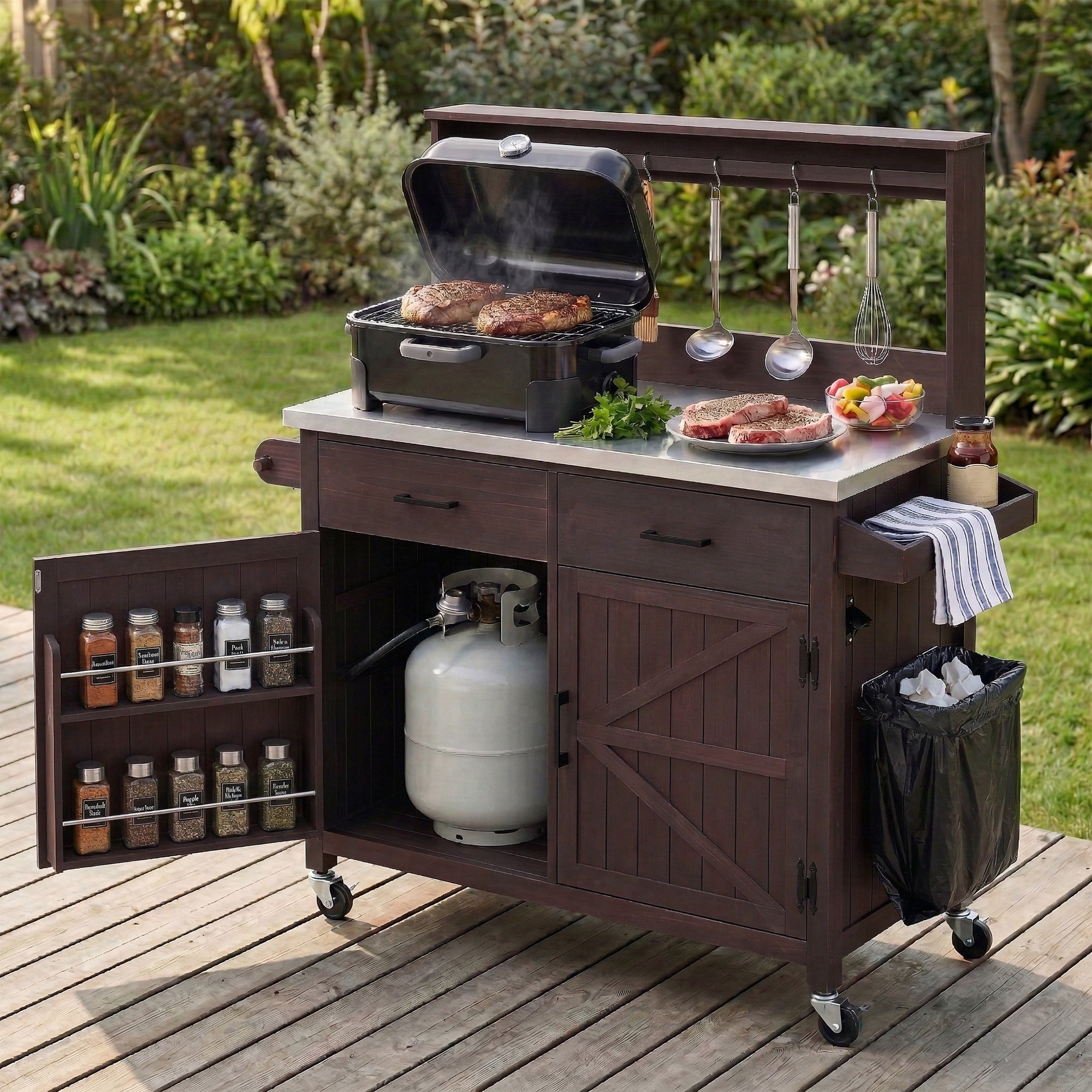 K&K 54.1' Outdoor Kitchen Island with High Shelf, Large Outdoor Potting Bench Table with Stainless Steel Top and Storage Cabinet, Solid Wood Grill Cart With Lockable Wheels for BBQ, Garden, Brown