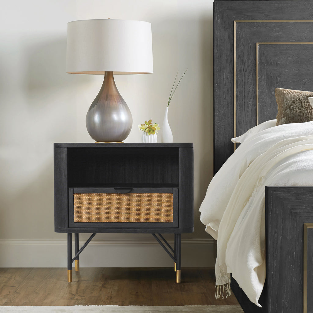 Saratoga Nightstand in Black Acacia with Rattan
