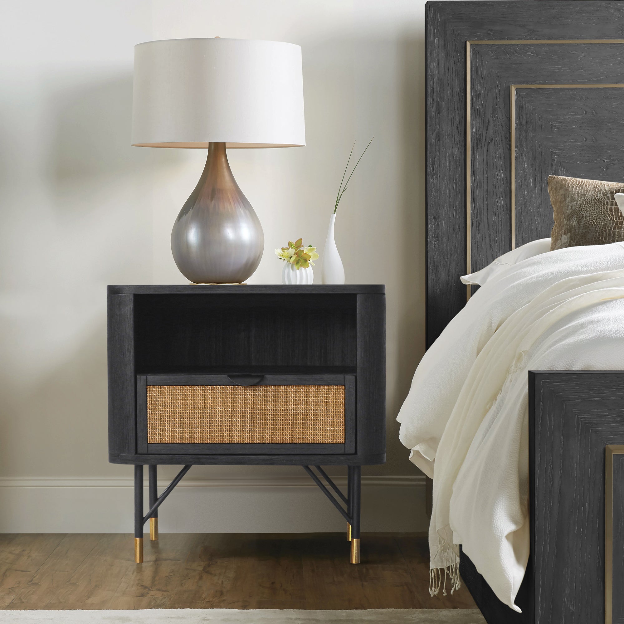 Saratoga Nightstand in Black Acacia with Rattan