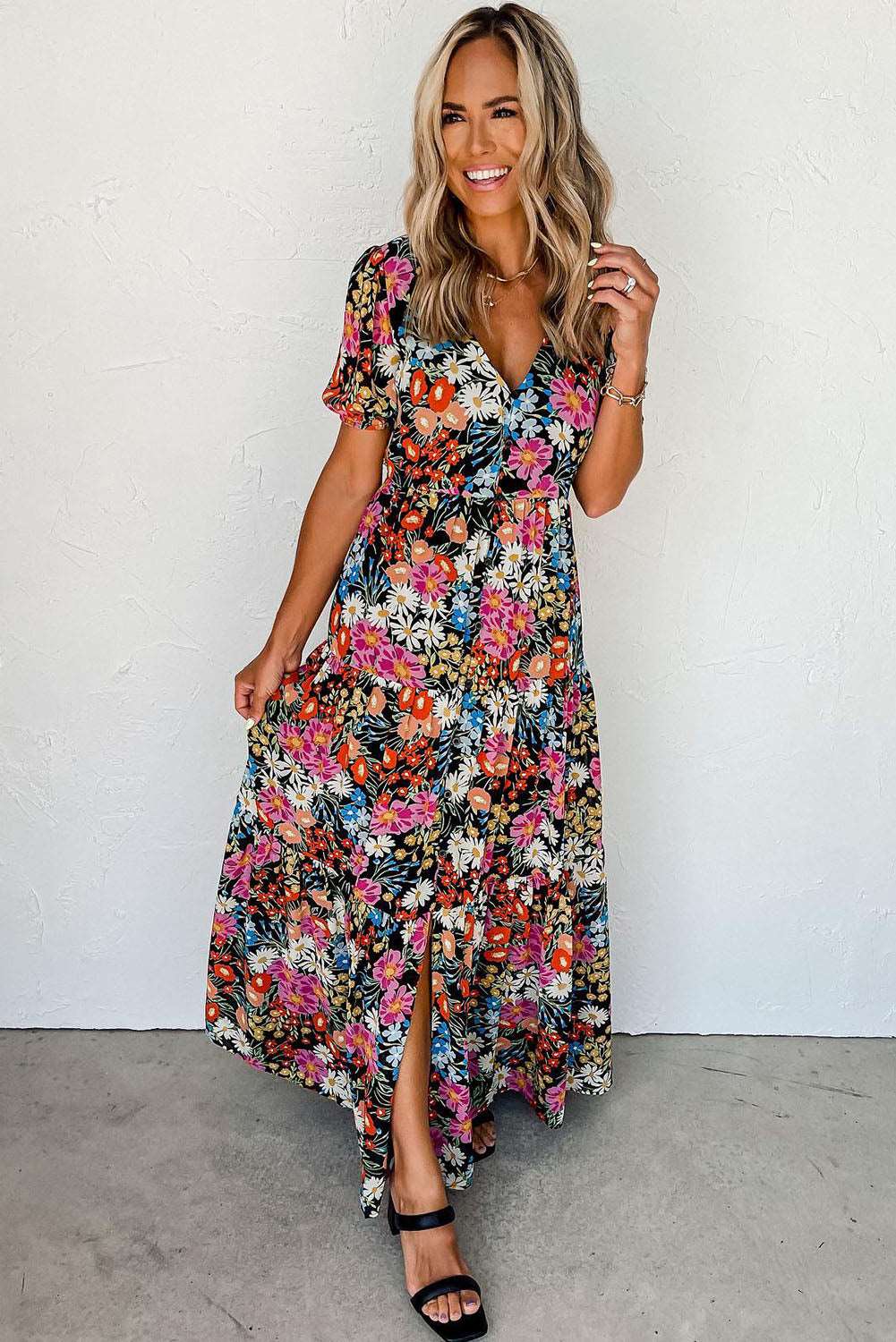 Black Boho Floral Print Deep V Tiered Maxi Dress