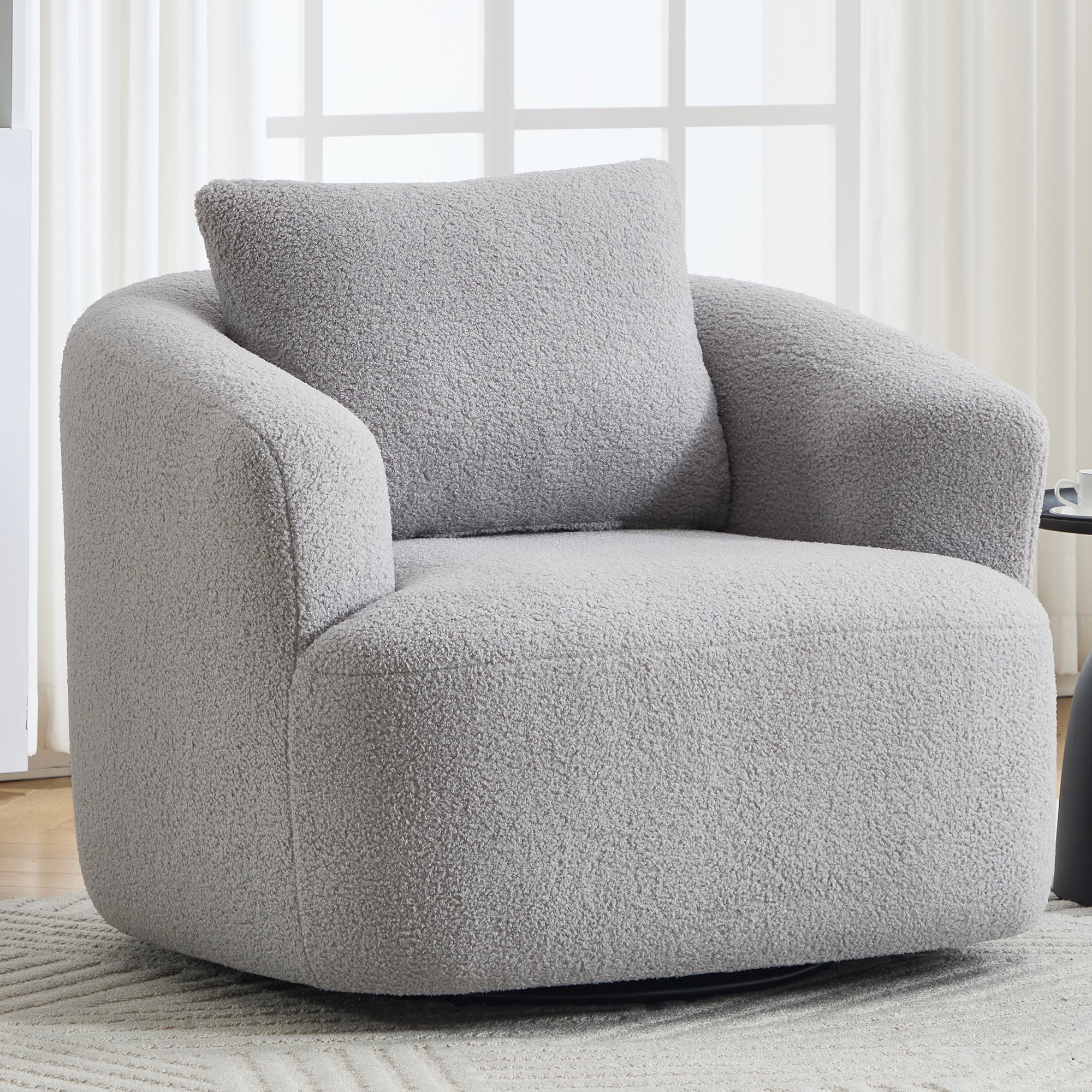 360° Swivel Round Upholstered Comfy Chair With One Soft Pillow, Teddy Fleece High-Resilience Sponge Single Sofa, No Assembly for Living Room, Bedroom, Apartment, Light Grey