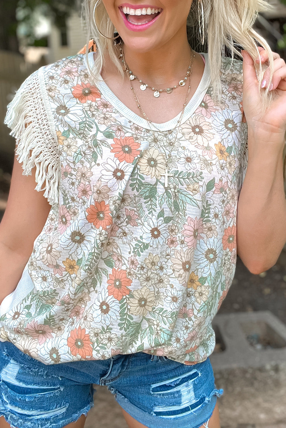 White Boho Floral Print Fringe Shoulder Sleeveless Shirt - Eloy Royal