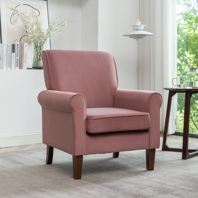 Traditional Rolled Arm Armchair, Solid Birch Wood Frame with Tapered Brown Legs, Polyester Blend Printed Cloth Upholstered Chair with Foam Filled Seat for Living Room Office