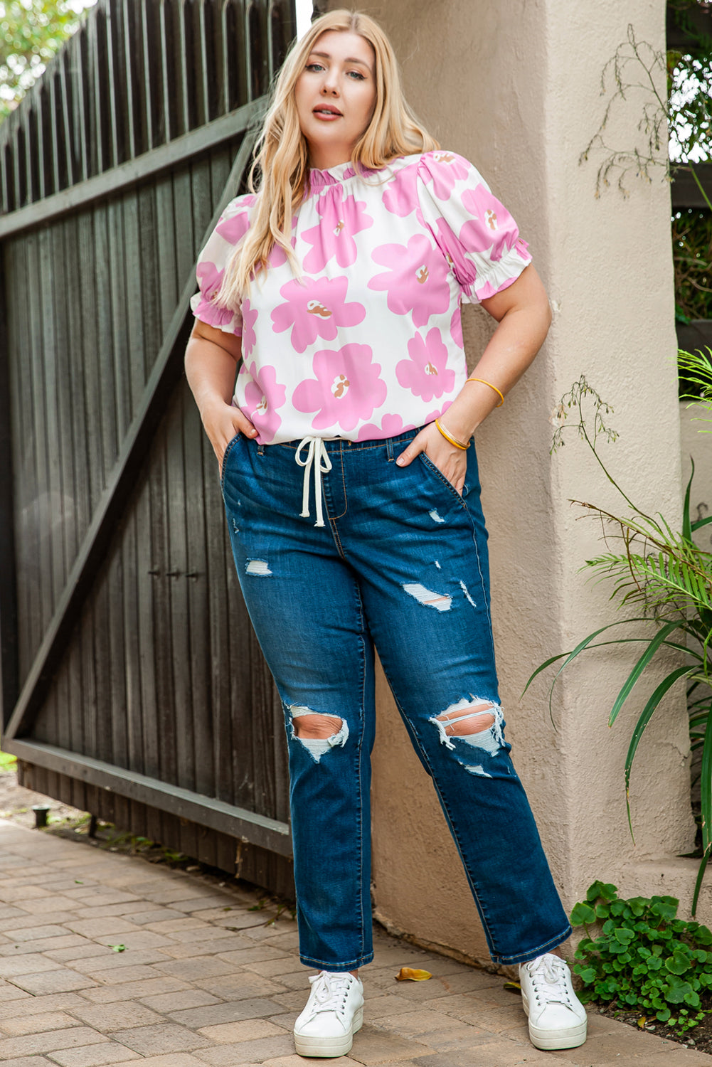 Purple Floral Ruffled Mock Neck Puff Sleeve Plus Size Blouse - Eloy Royal