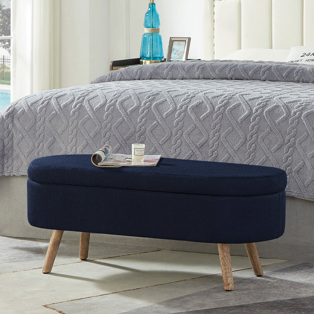 Luxury Oval Boucle Storage Ottoman Bench with Wood Legs 350lb Weight Capacity & Safety Hinge, for Living Room, Bedroom Entryway,NABY BLUE