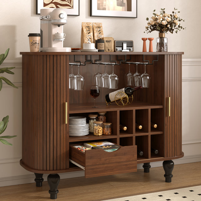 39' Fluted Liquor & Coffee Bar Cabinet with 6 Wine Racks and 3 Glass Holders, Mid-Century Modern Bar Cabinet with A Large Storage Drawer ,4 Hidden Storage Space on the Side , Walnut