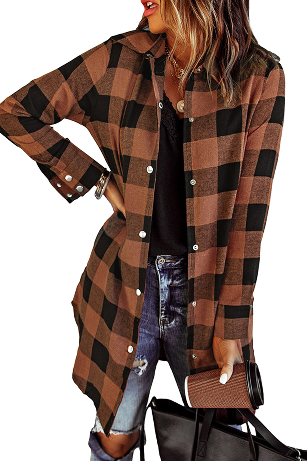 Wholesale Brown & Black Plaid Collared Botton Down Long Shirt Shacket - Eloy Royal