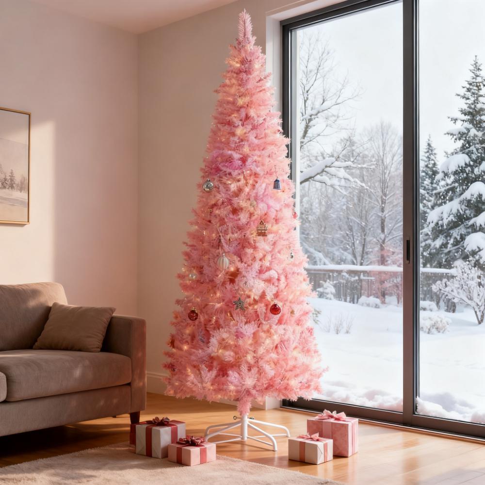 Pencil Shape with Christmas Tree,Snow Flocked Artificial Christmas Tree with Pine Realistic Branches,Warm White LED lights,Auto Open