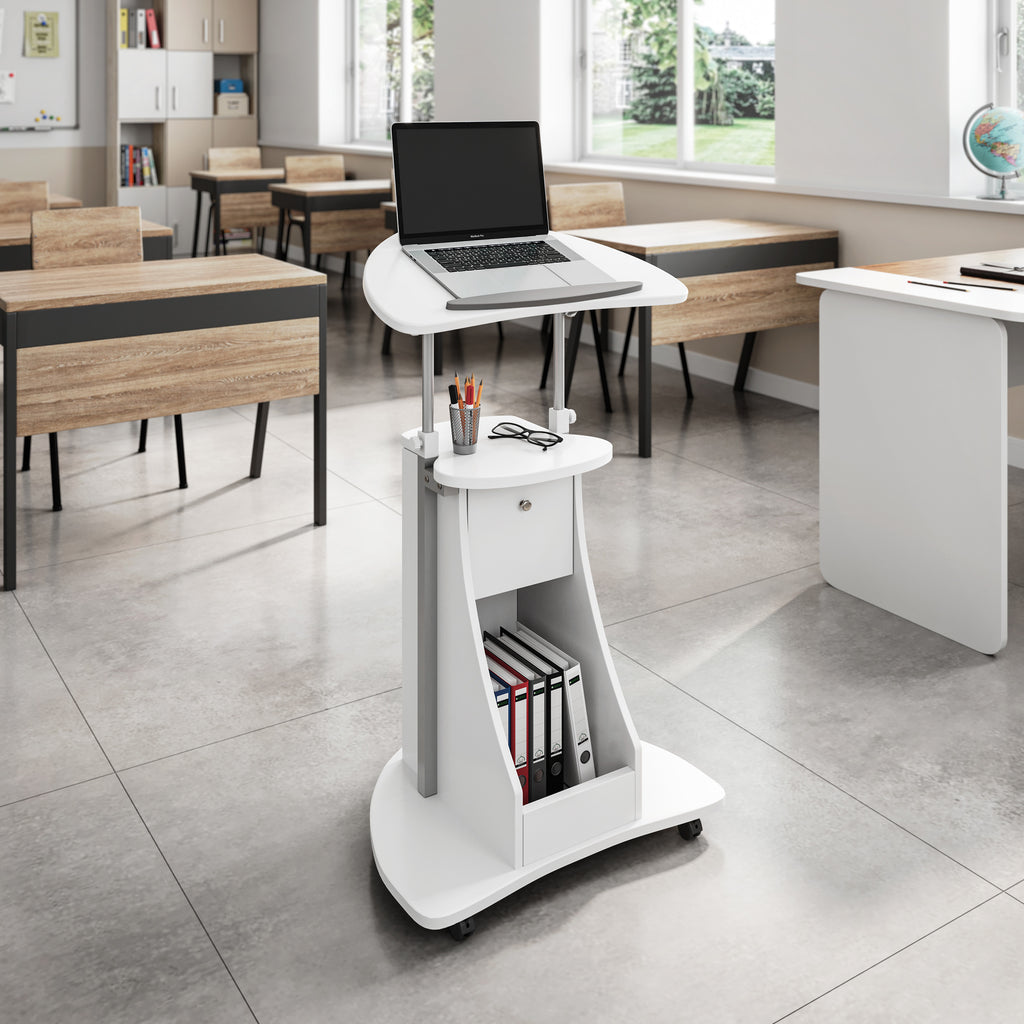 Adjustable Sit-to-Stand Rolling Laptop Cart with Tilt Top and Storage, White