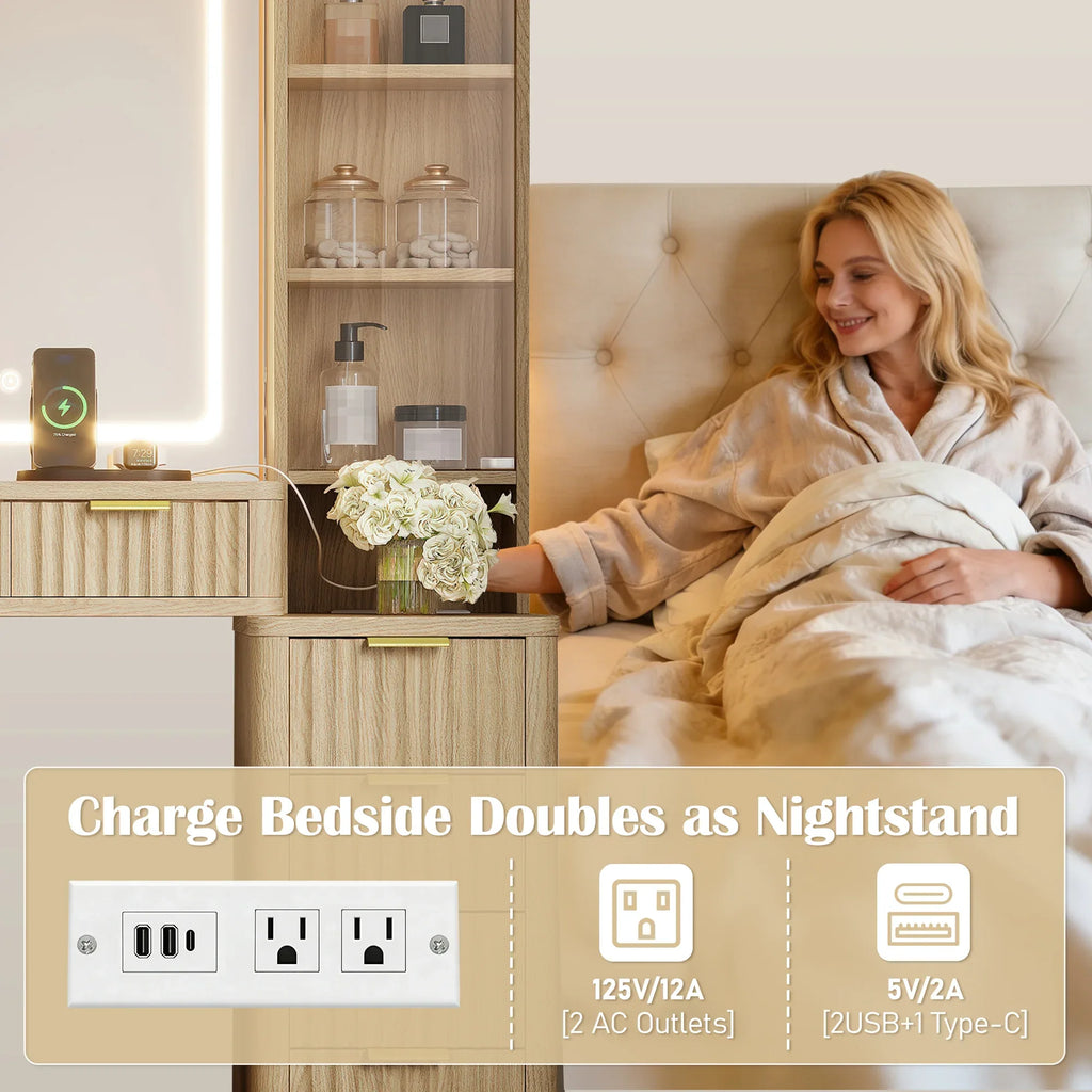 43.5' Fluted Makeup Vanity Desk with Mirror and Lights, Modern Glass Top Vanity Table with 10 Drawers & 2 Transparent Glass Cabinets, Dressing Table Set with Stool and Charging Station, Oak - Eloy Royal