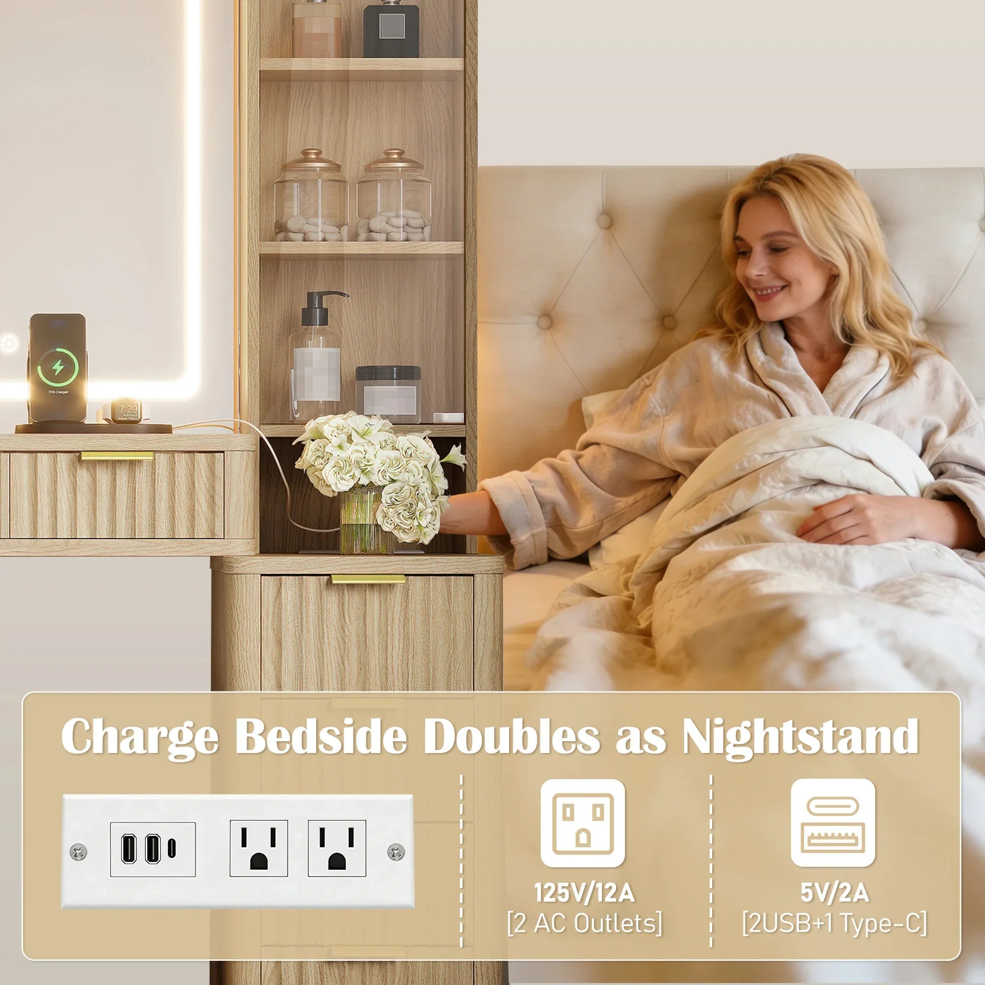 43.5' Fluted Makeup Vanity Desk with Mirror and Lights, Modern Glass Top Vanity Table with 10 Drawers & 2 Transparent Glass Cabinets, Dressing Table Set with Stool and Charging Station, Oak - Eloy Royal