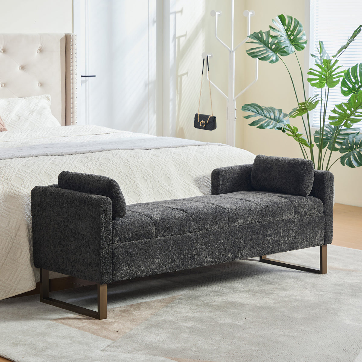 63.98'Wide Upholstered Flip-top Storage Accent Bed Bench, Chenille Footrest Ottoman with Armrests&Backrest&2 Bolster Pillows Metal Legs for Living Room, End of Bed, Hallway, Entryway Bedroom.Charcoal