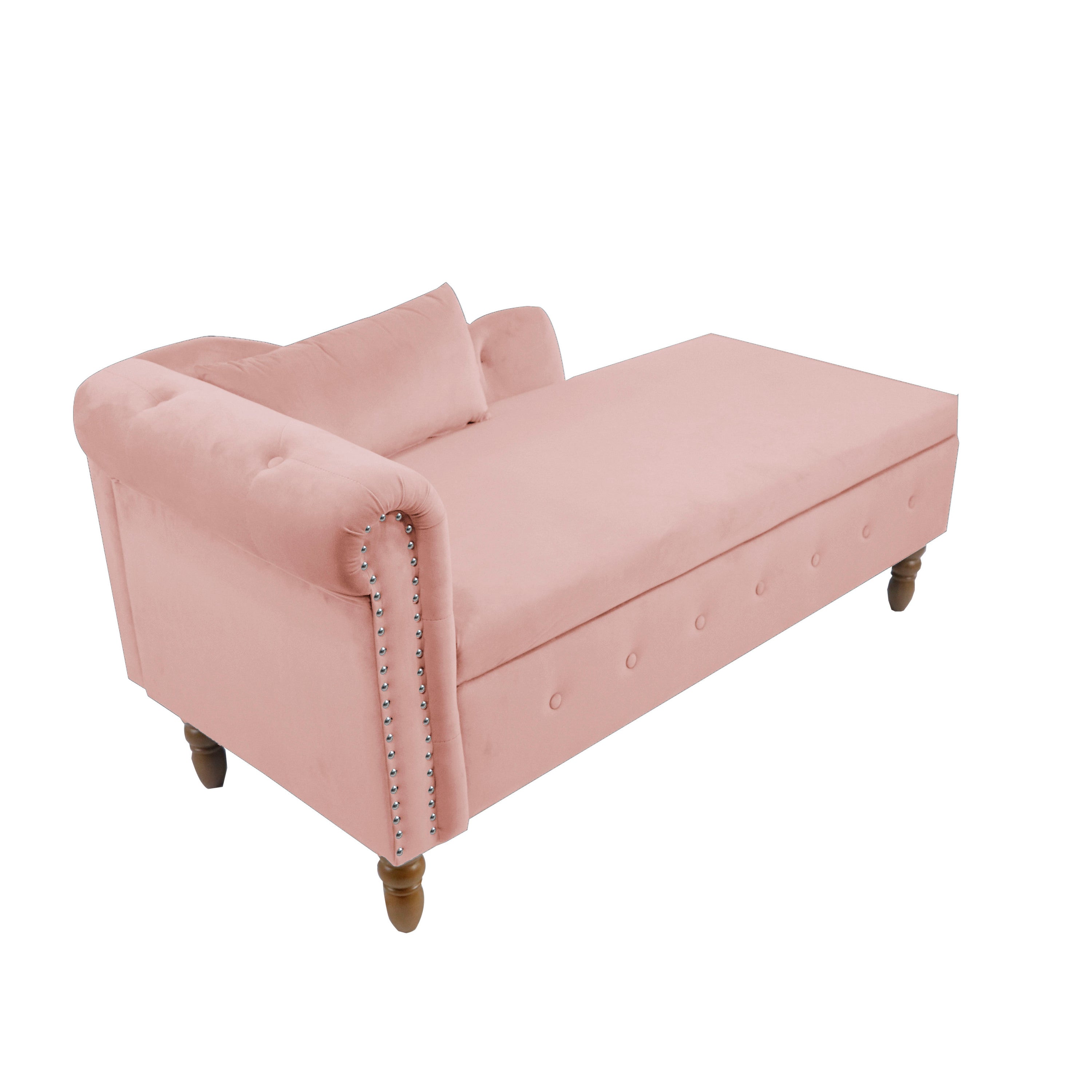 Pink Chaise Lounge Indoor, Velvet Lounge Chair for Bedroom with Storage & Pillow, Modern Upholstered Rolled Arm Chase Lounge for Sleeping with Nailhead Trim for Living Room Bedroom Office