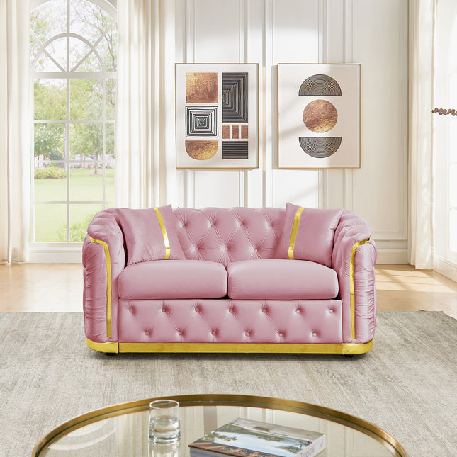 62.6 Inches Mid Century Modern Chesterfield Loveseat Couch, Luxury Velvet Pink and Gold Couch for Living Room Tufted Sofa with Stainless Steel Decoration & 2 Pillows, Pink