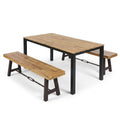 3-Piece Outdoor Acacia Wood Dining Set, 71' Rectangular Patio Table & 2 Benches in Teak and Matte Black