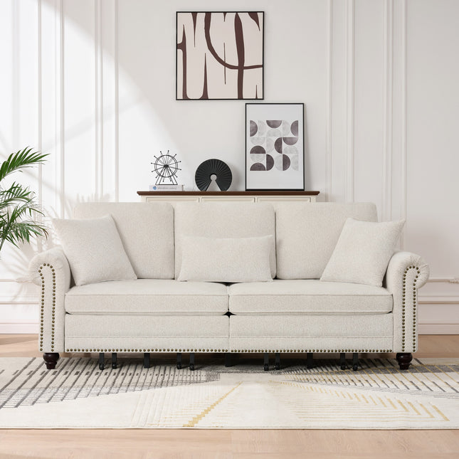 86' King Pull Out Sofa Bed, 3 in 1 Convertible Sleeper Sofa,Modern 3 Seat Couch with Nailhead Trim & Rolled Arm for Living Room, Apartment, Office, Beige Chenille