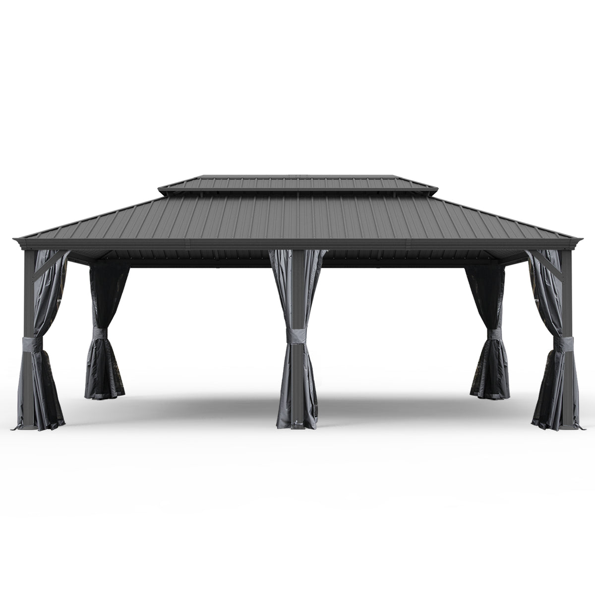 14' X 22' Hardtop Gazebo, Upgraded Metal Gazebo with Drainage System, Dual-Layer Galvanized Steel Roof, Curtain and Netting, Outdoor Shelter Canopy for Patio, Garden, and Backyard, Grey