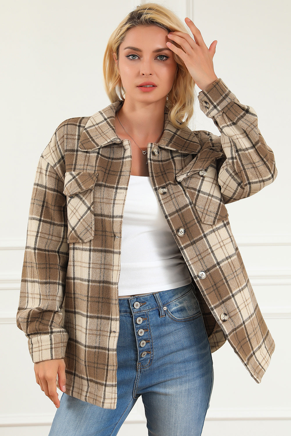 Brown Plaid Print Chest Pockets Shacket - Eloy Royal