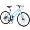 Light Blue 7-Speed Hybrid Road Bike with Disc Brakes for Men and Women, 700C Steel Frame, 18 Inch Size