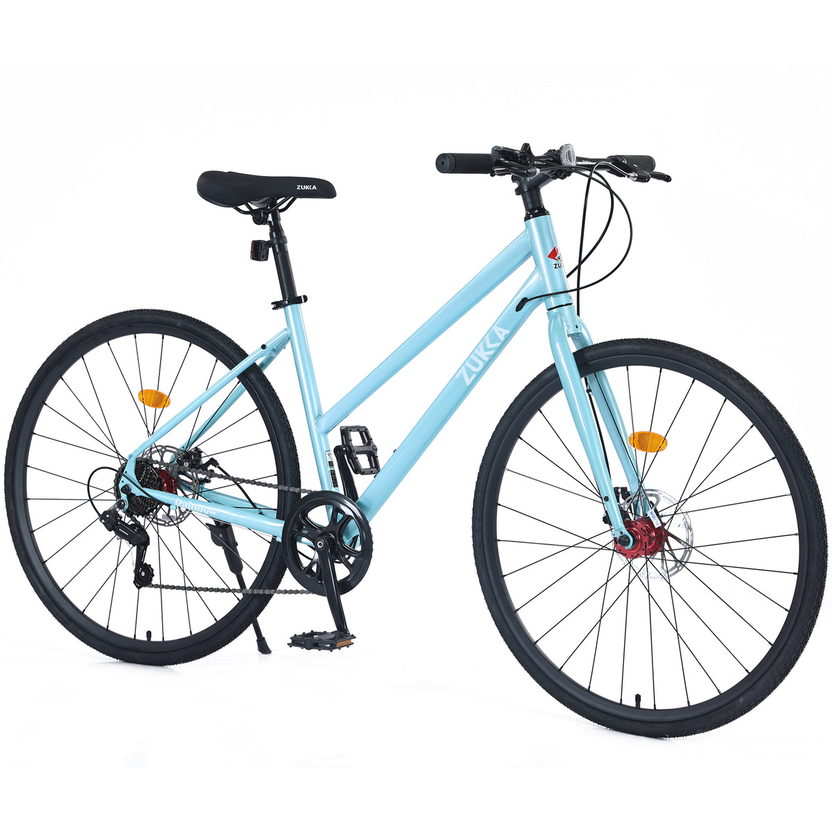 Light Blue 7-Speed Hybrid Road Bike with Disc Brakes for Men and Women, 700C Steel Frame, 18 Inch Size