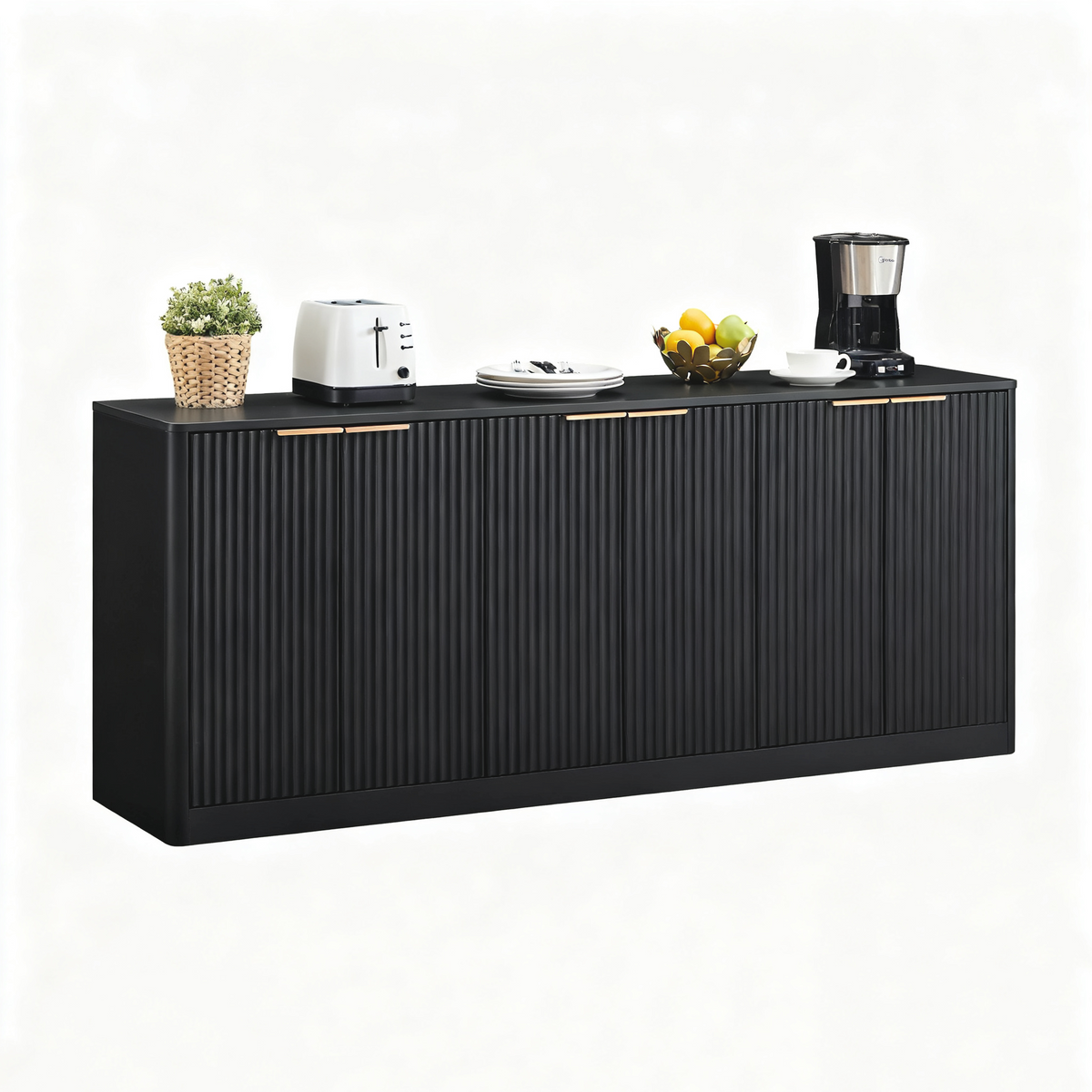 67-inch modern wavy sideboard, curved contour design storage cabinet, 6-door cabinet with storage function, suitable for kitchen / bedroom / living room, Black, 67.0'L x 15.7'W x 27.7'H