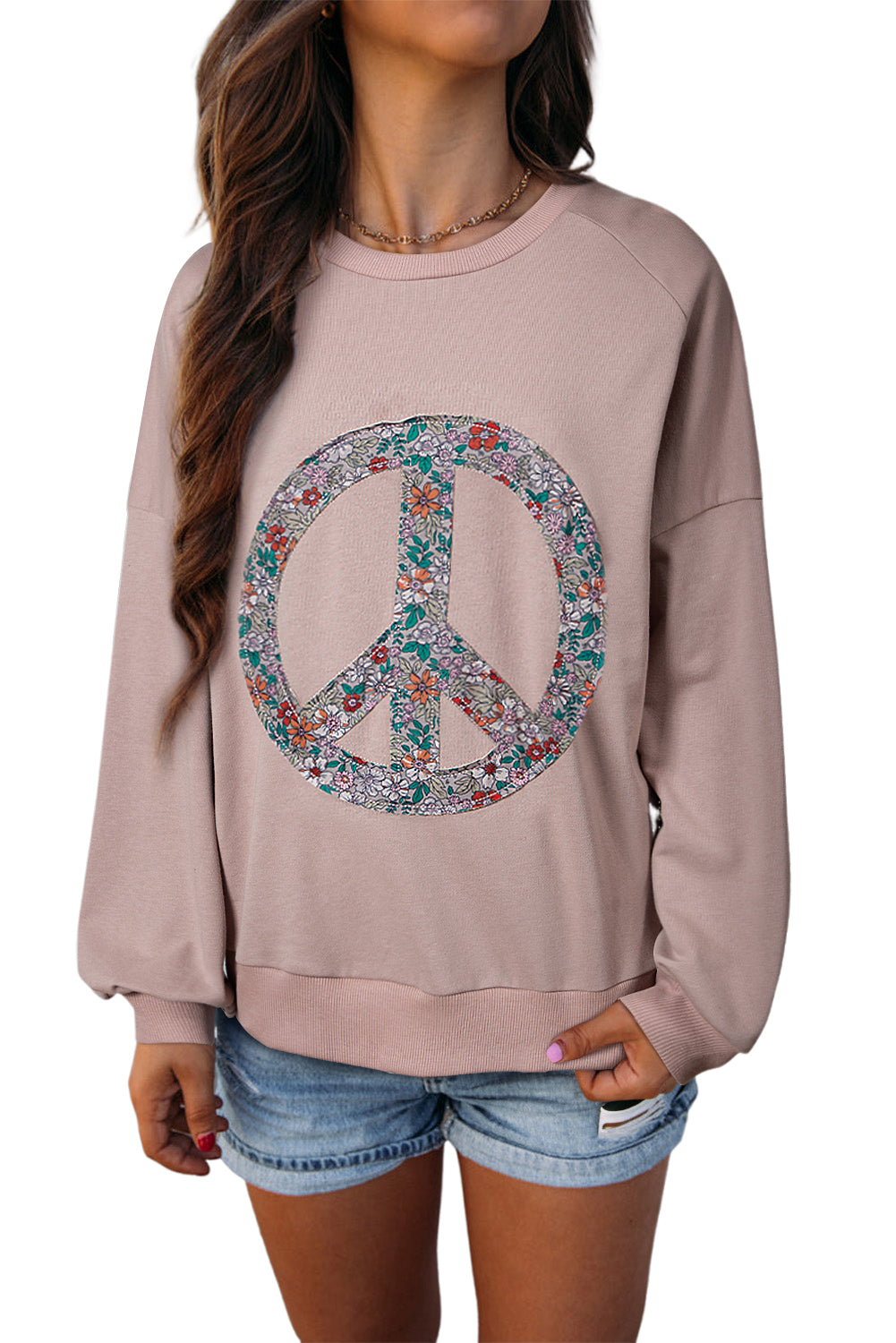 Goat Floral Peace Symbol Drop Shoulder Sweatshirt