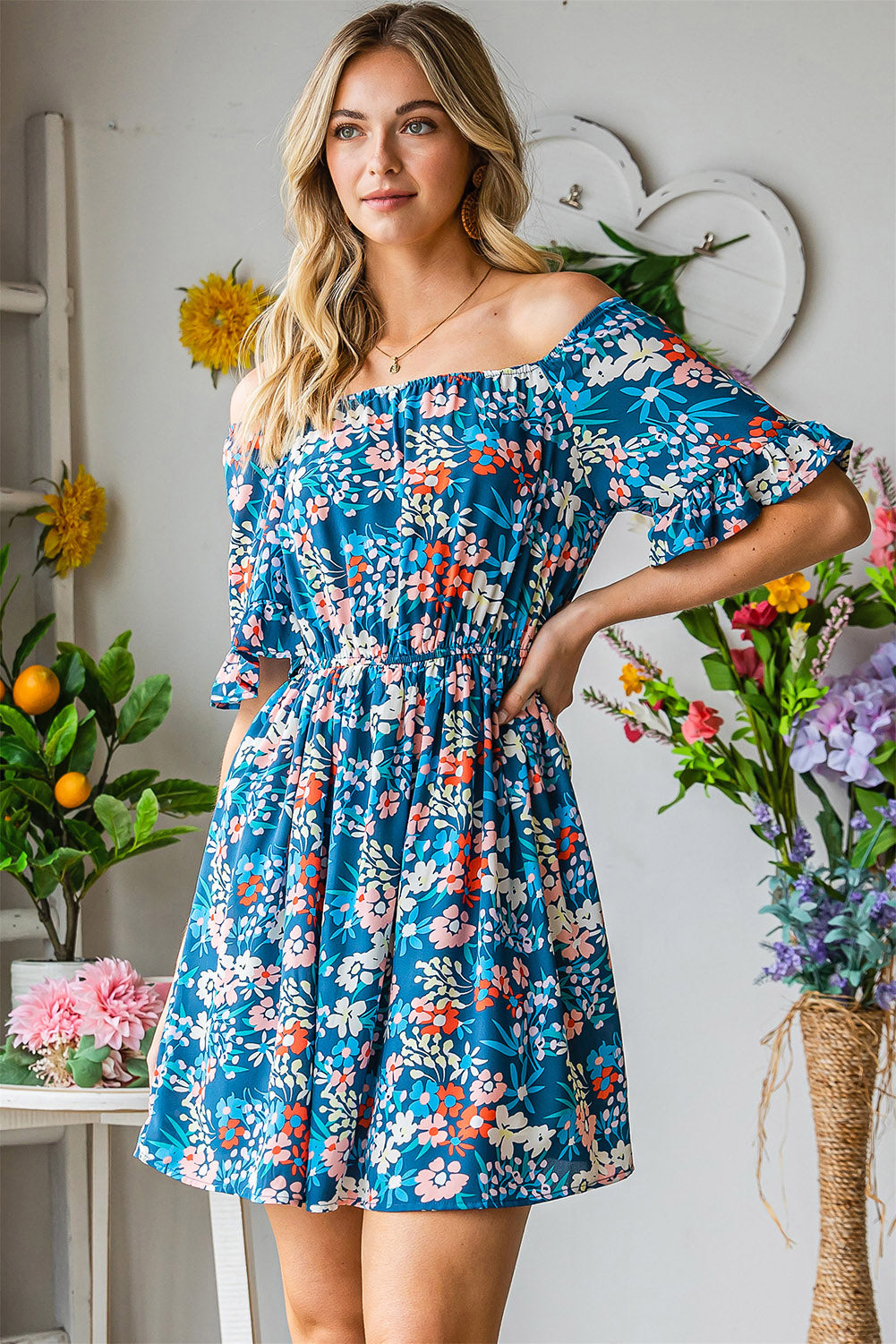 Dark Blue Bohemian Floral Print Off Shoulder Short Dress - Eloy Royal