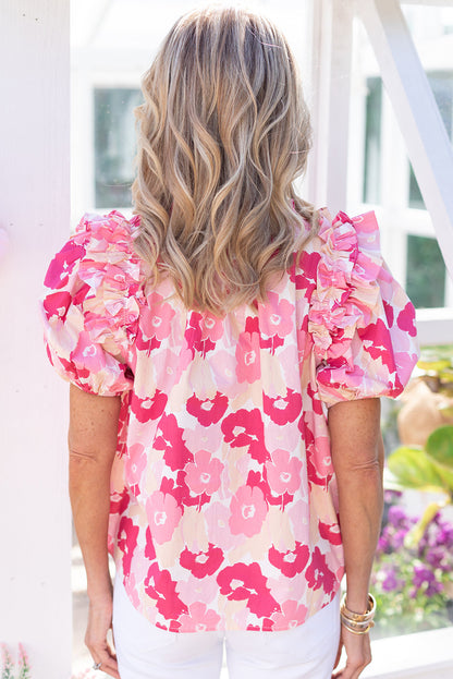 Pink Split Neck Ruffled Puff Sleeves Floral Top - Eloy Royal