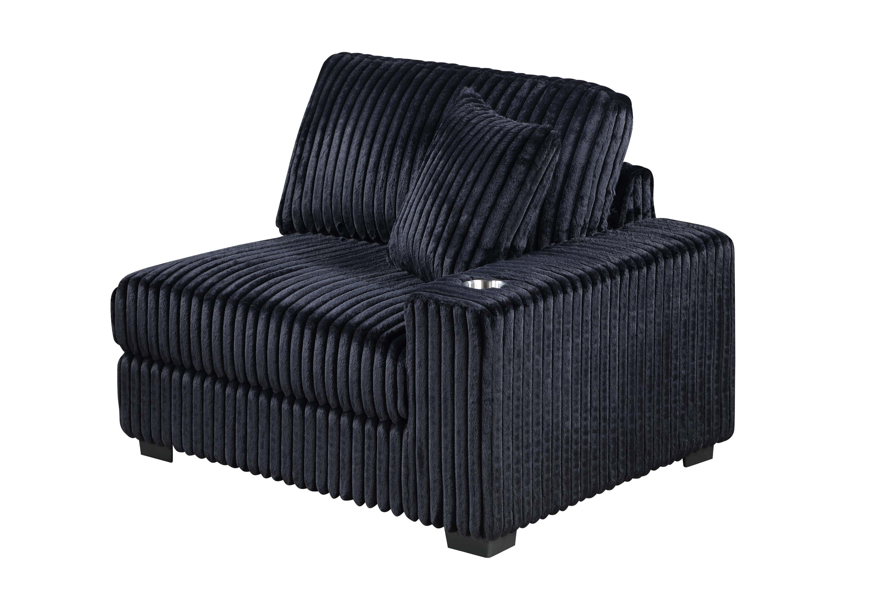 Contemporary Style 1pc RAF Chair w Cup Holder Armrest Black Corduroy Texture Surface Upholstered Modular Living Room Couch Chair