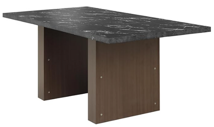70-inch rectangular sled dining table with a seamless faux black marble-printed tabletop and walnut wood legs.
