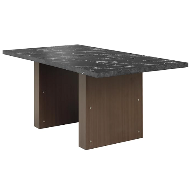 70-inch rectangular sled dining table with a seamless faux black marble-printed tabletop and walnut wood legs.
